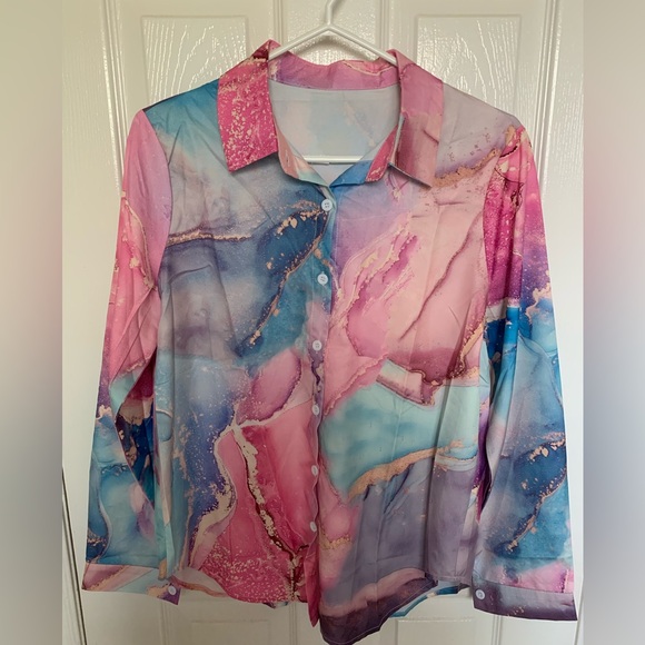 New Colourful Marble Print Satiny Long Sleeve Button Down Blouse/Shirt 🩷🩷 - Picture 2 of 9